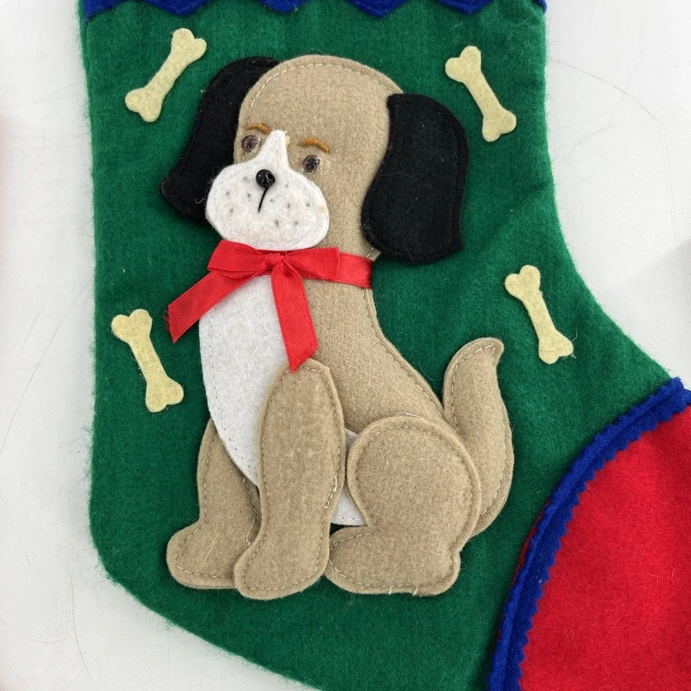 3 Set Vintage Felt Christmas Stockings 3D Plush Dog Puppy Cat Kitten Kitty 15.5